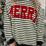 White Stripe Contrast MERRY Letter Christmas Print Drop Shoulder Sweatshirt