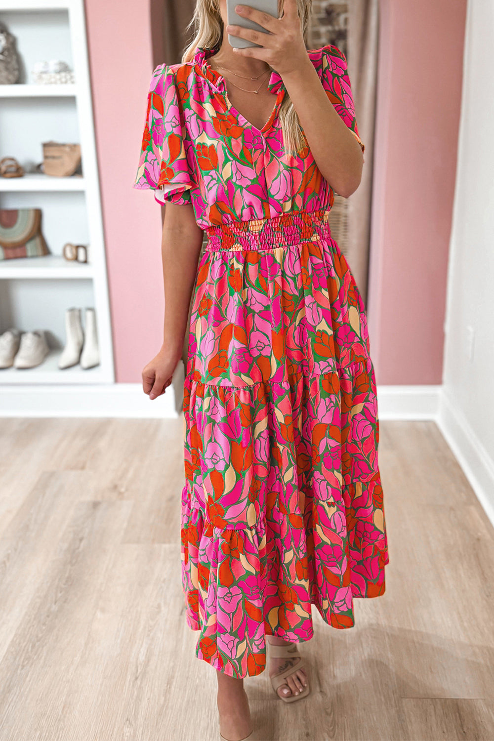 Rose Floral Short Sleeve Smocked Waist Maxi Dress