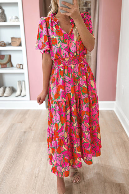 Rose Floral Short Sleeve Smocked Waist Maxi Dress