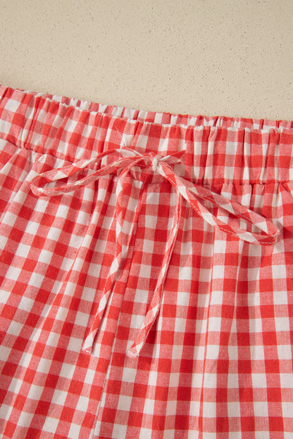 Red Gingham Plaid Tie Elastic Waist Lace Patchwork Hem Casual Shorts