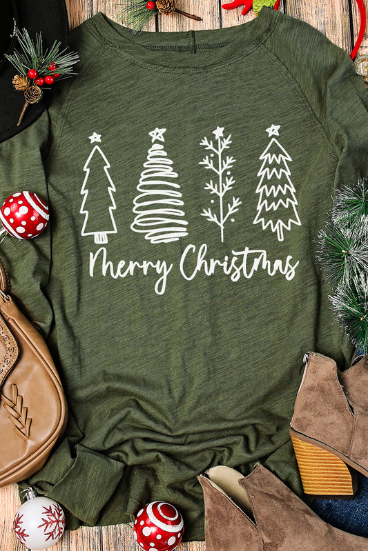 T-shirt graphique vert à manches trouées et motif sapins de Noël joyeux
