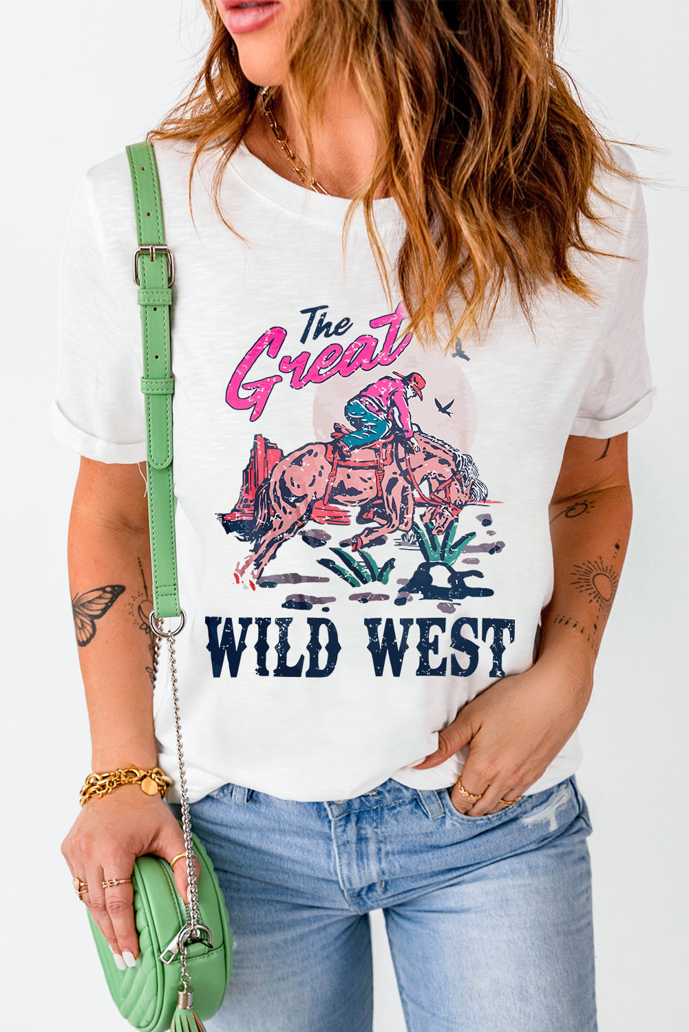 T-shirt blanc à col rond avec imprimé « The Great WILD WEST Rodeo »