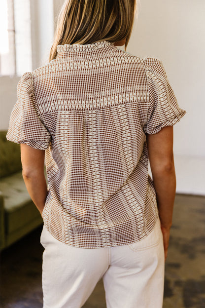 Brown Western Pony Embroidered Yoke Puff Sleeve Gingham Blouse