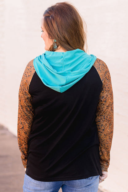 Sudadera con capucha de talla grande con bloques de color y estampado occidental