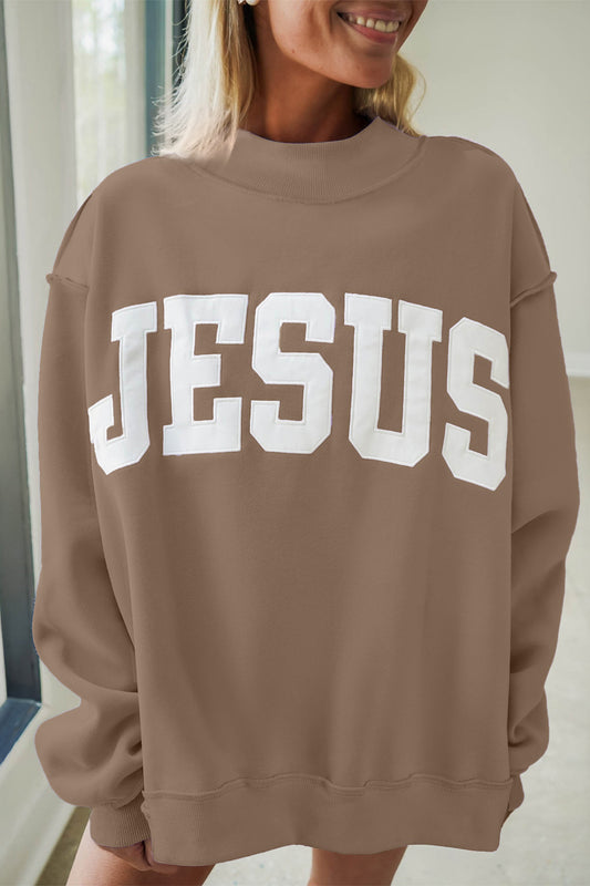 Dark Khaki JESUS Letter Patch Graphic Exposed Seam Mock Neck Baggy Sweatshirt