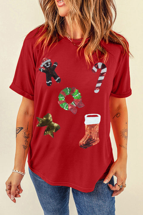 Red Christmas Sequin Pattern Crew Neck Graphic Tee