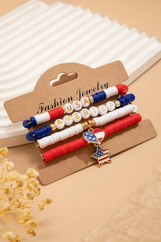 Dark Blue American Flag Pendant Letter Beaded Bracelet Set