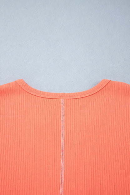Flamingo V Neck Ribbed Stitched Detail Long Sleeve Top