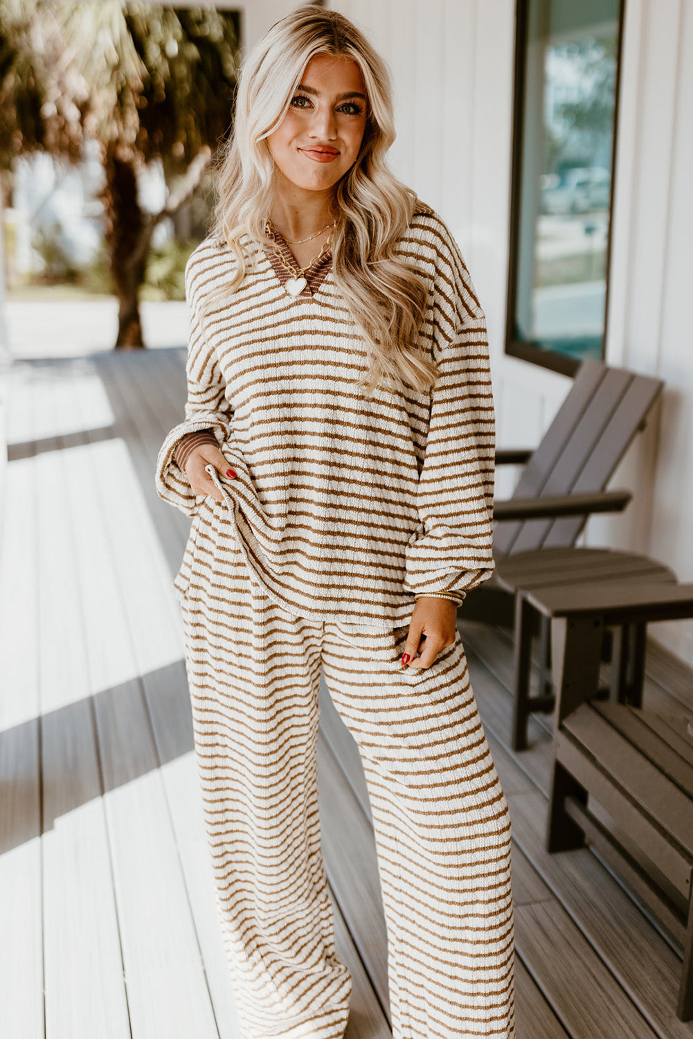 Khaki Stripe Collared Pullover Top and Drawstring Pant Set