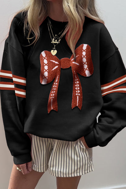 Black Varsity Baseball Bow Graphic Striped Sleeve Baggy Sweatshirt