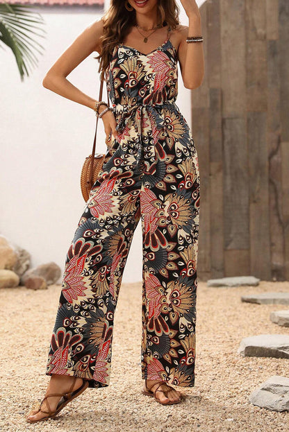 Combinaison à imprimé floral noir sans manches avec ceinture et jambes larges