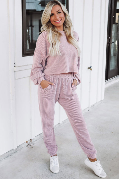 Apricot Powder Ribbed Two Piece Pullover and Joggers Lounge Set