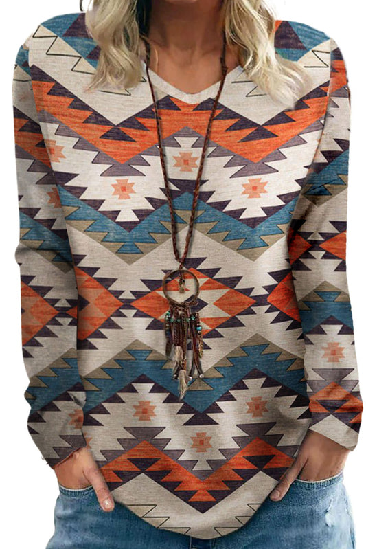 Top de manga larga con cuello en V y estampado azteca multicolor 
