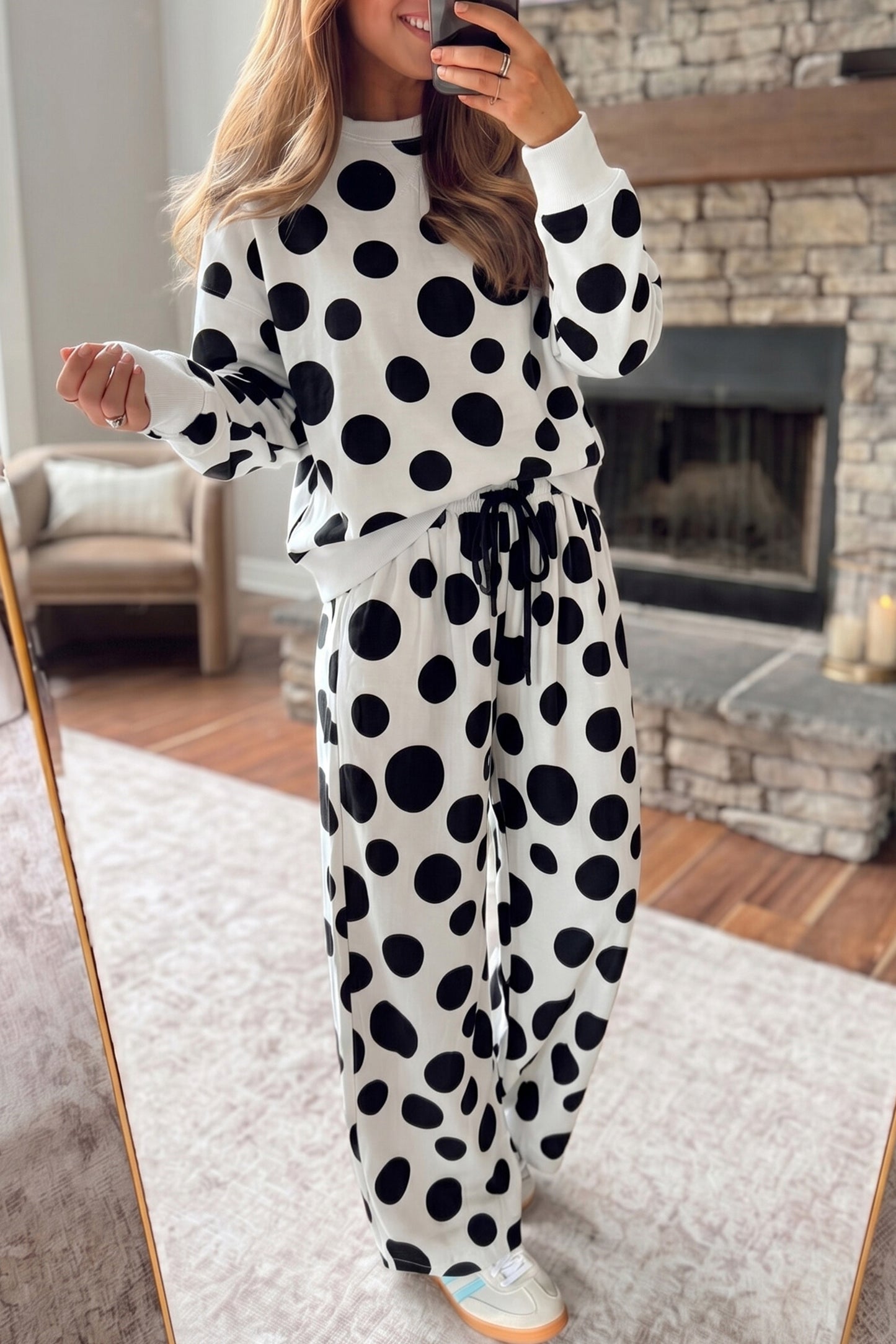 White Polka Dot Long Sleeve Top Drawstring Relaxed Pants Set