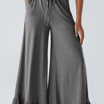 Medium Grey Ruffled Wide Leg Pull On High Waist Pants with Pockets