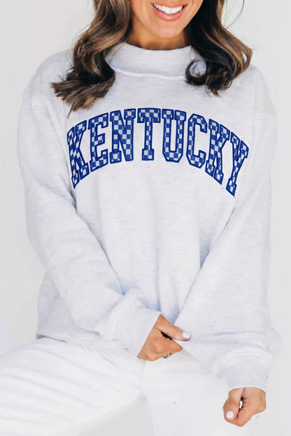 Light Grey High Neck Embroidered Checkered Letter Game Day Sweatshirt
