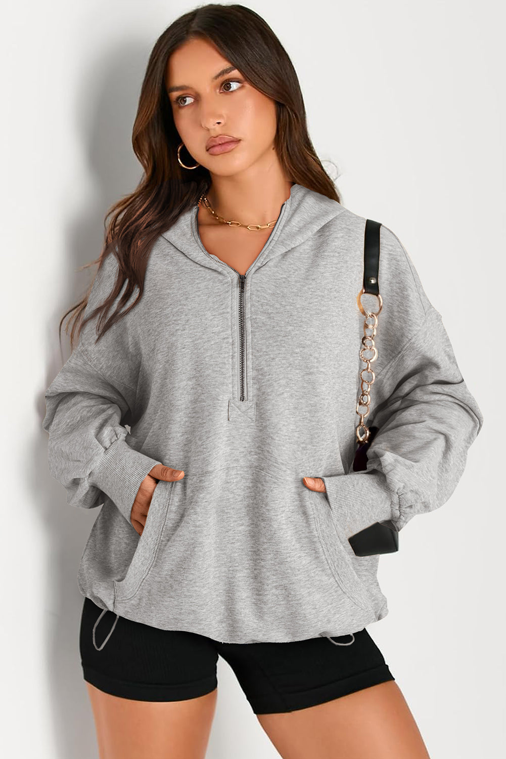 Sweat à capuche surdimensionné gris clair uni avec poche kangourou et demi-fermeture éclair