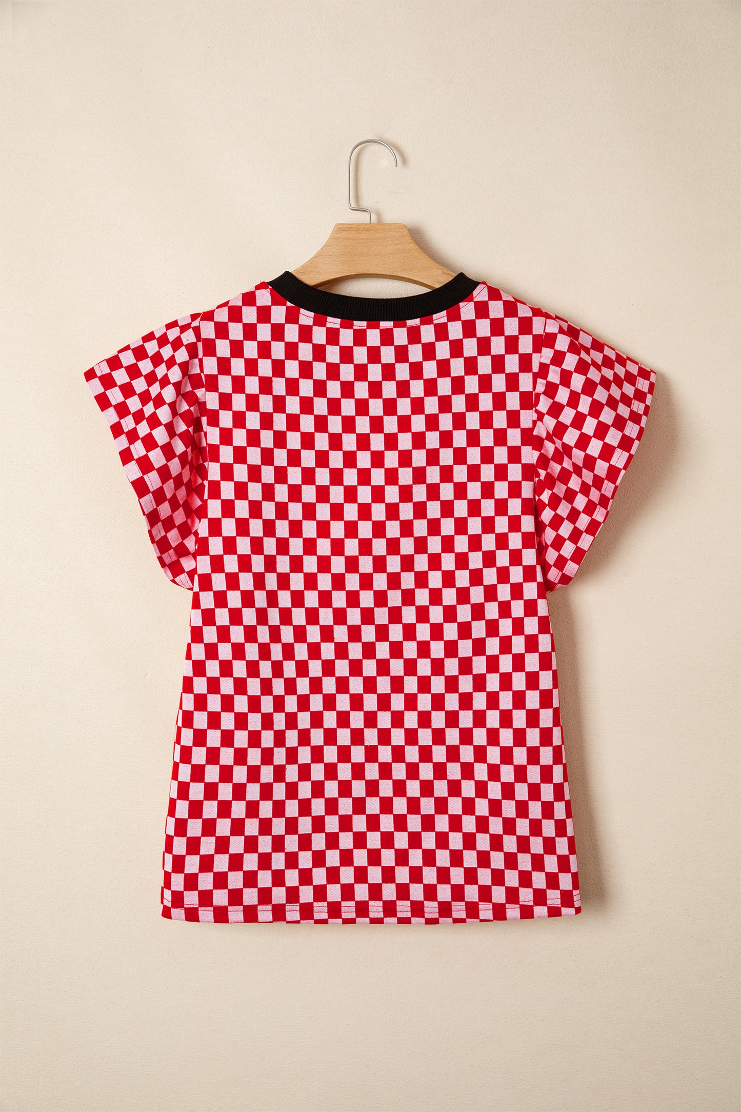 Red Checkered Print Ruffle Short Sleeve Contrast Trim Round Neck Top