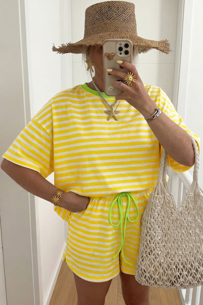 Pink Stripe Contrast Neck Loose Tee and Drawstring Shorts Set