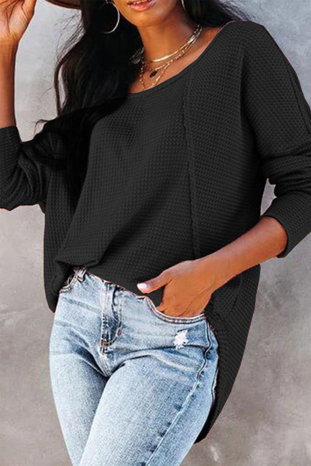 Waffle Knit Splicing Buttons Long Sleeve Top