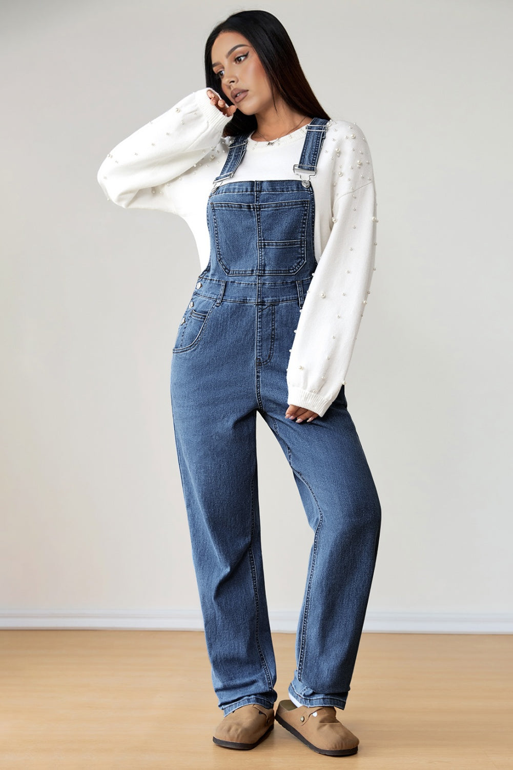 Dark Blue Retro Bib Pocket Buckle Straps Casual Denim Jumpsuit