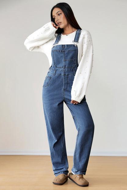 Dark Blue Retro Bib Pocket Buckle Straps Casual Denim Jumpsuit