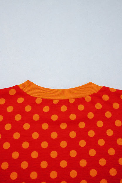 Red Polka Dot Print Contrast Trim Round Neck Bracelet Sleeve Top