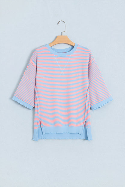 Sky Blue Stripe Colorblock Scalloped Trim Loose 3/4 Sleeve Top