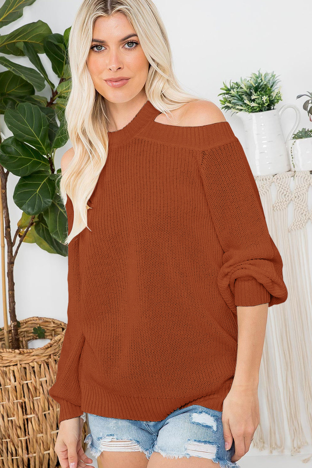 Suéter de punto acanalado con hombros descubiertos y cinturón cruzado sin espalda para mujer, informal, holgado, de manga larga, Color sólido, para invierno