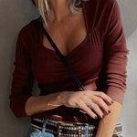 Burgundy Gathered Bust Square Neck Ribbed Fit Long Sleeve Top