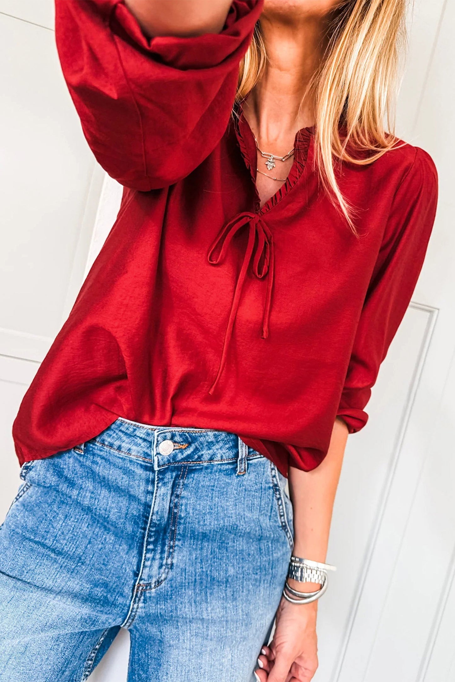 Blackish Green Solid Color Frilled V Neck Bow Detail 3/4 Sleeve Blouse