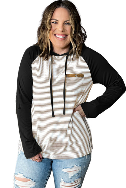 Green Striped Raglan Sleeve Buttoned Pocket Plus Size Hoodie
