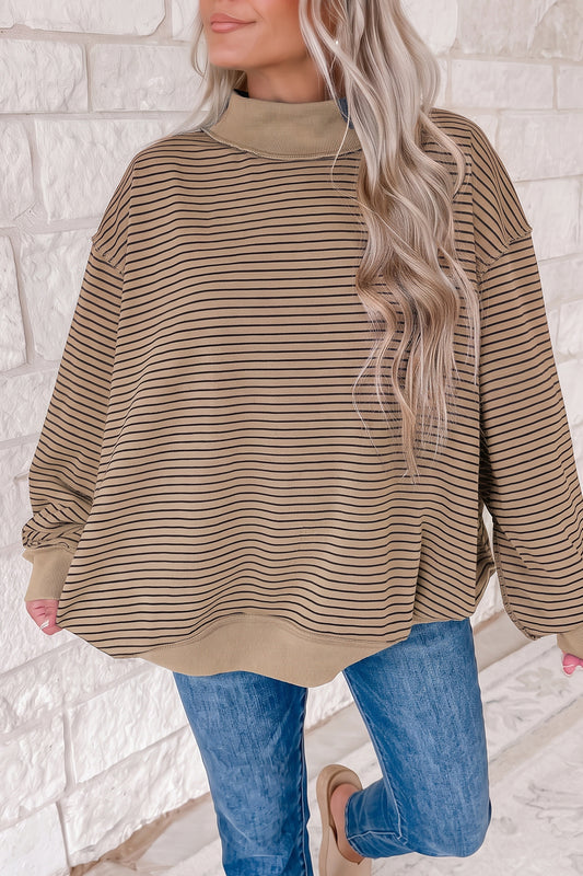 Khaki Stripe Ribbed Color Block Mock Neck Oversized Sweatshirt