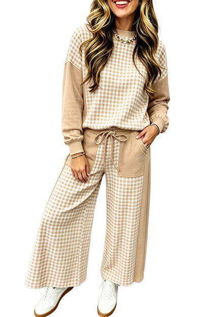 Khaki Color Block Plaid Patchwork Long Sleeve Pullover Wide Leg Pant Set