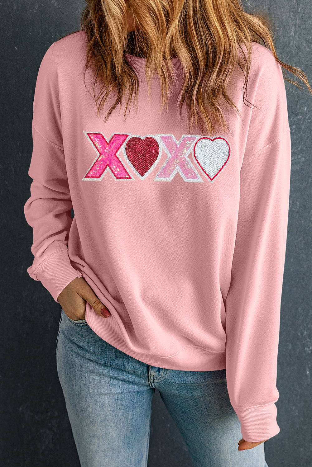 Sweat-shirt de Saint-Valentin à épaules tombantes et motif cœur rose à paillettes XOXO