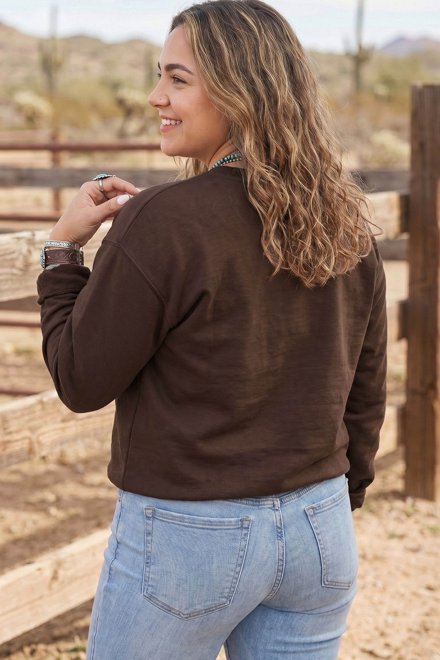 Coffee PRAY Letter Patchwork Round Neck Long Sleeve Plus Size Sweatshirt