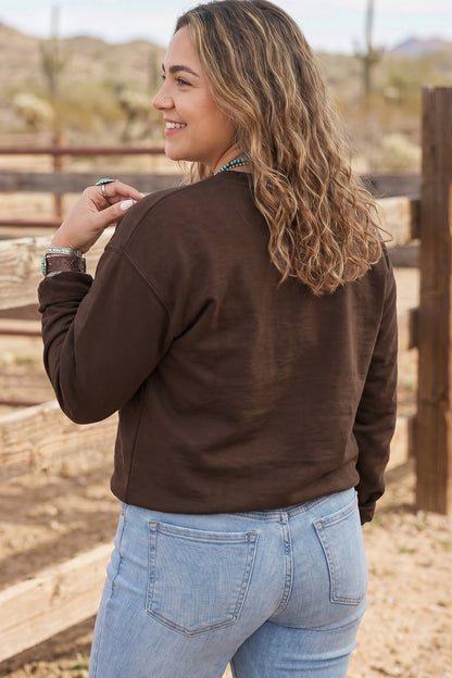 Coffee PRAY Letter Patchwork Round Neck Long Sleeve Plus Size Sweatshirt