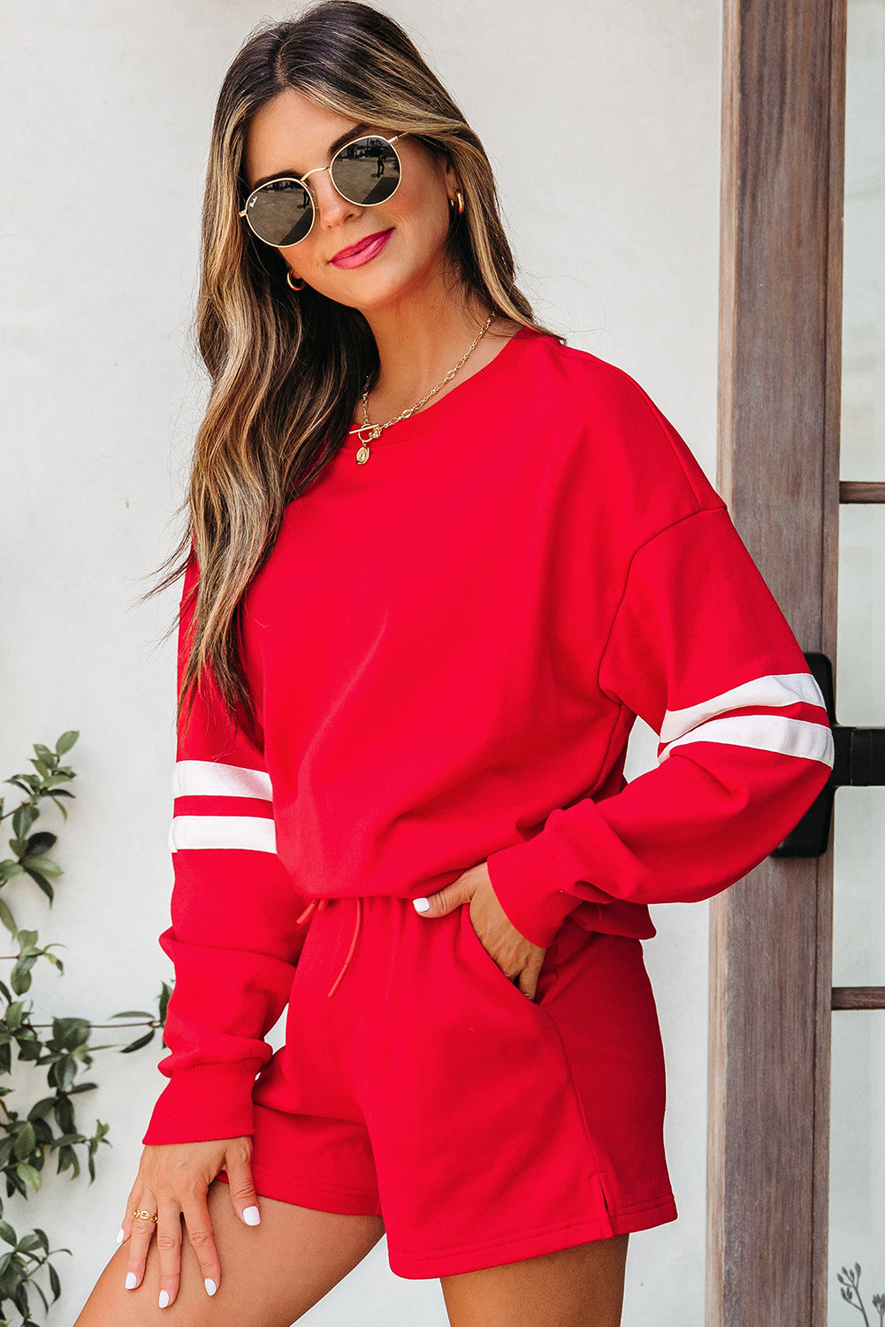 Fiery Red Varsity Striped Sleeve Drop Shoulder Sweatshirt and Short Set