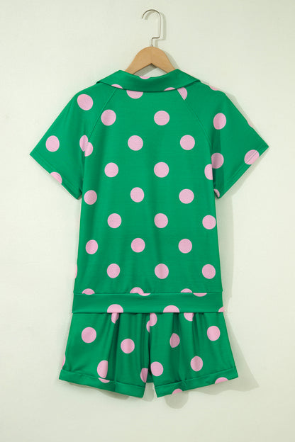Green Polka Dot Print V Neck Tee Short Set