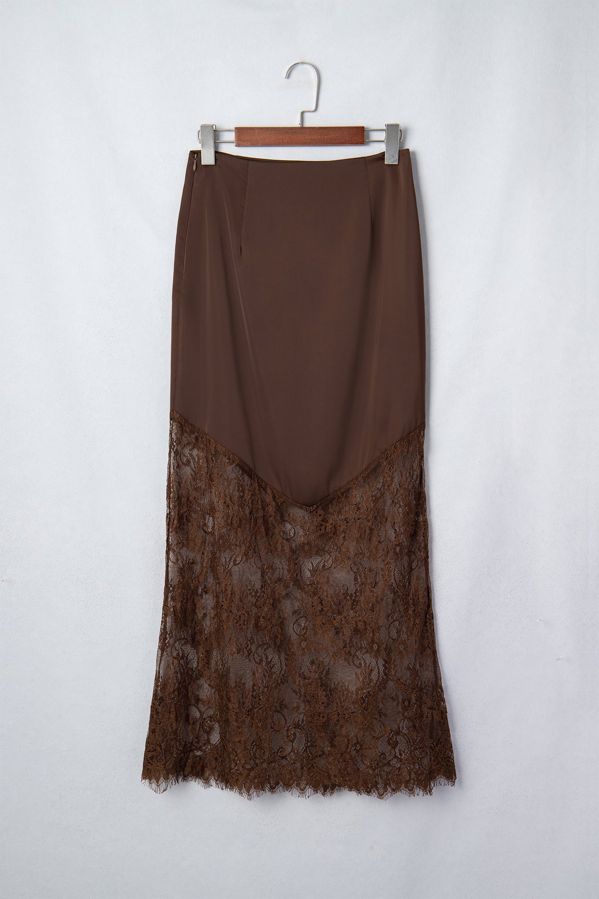 Dark Brown Lace Patchwork Hem Long Casual Shift Skirt