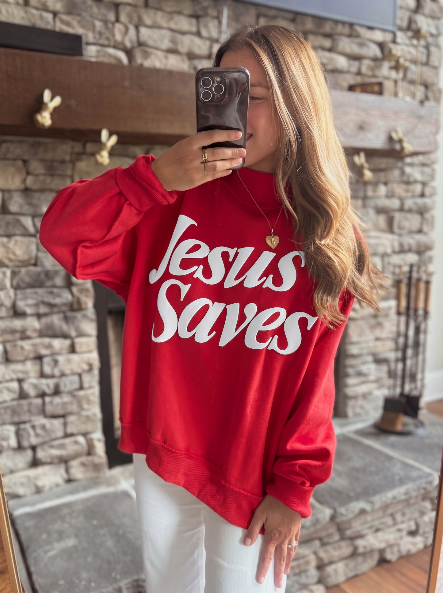 Fiery Red Jesus Saves Slogan Print Stand Neck Baggy Sweatshirt