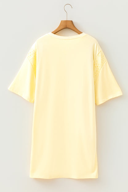 Yellow Cream Eyelet Embroidered Lace Splicing Sleeve Loose T Shirt Dress