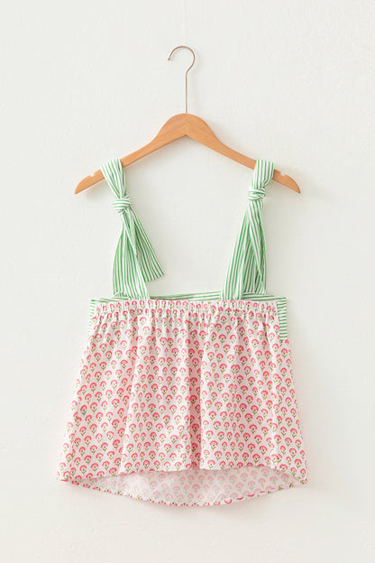 Pink Floral Printed Knot Straps Babydoll Tank Top