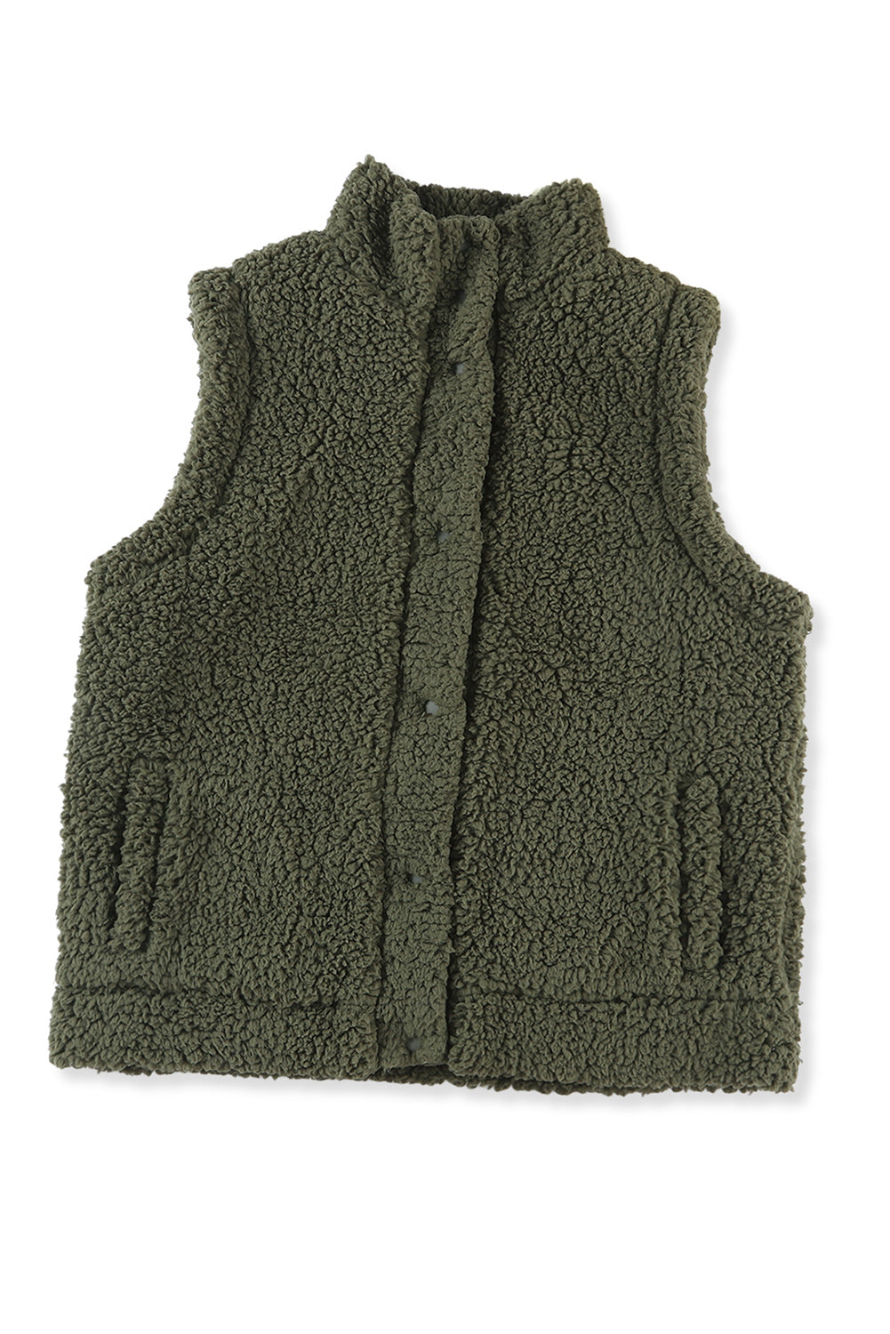 Green Snap Button Pocketed Sherpa Vest Jacket