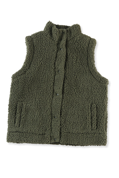 Green Snap Button Pocketed Sherpa Vest Jacket