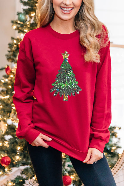 Black Sequined Christmas Tree Pattern Pullover Sweatshirt