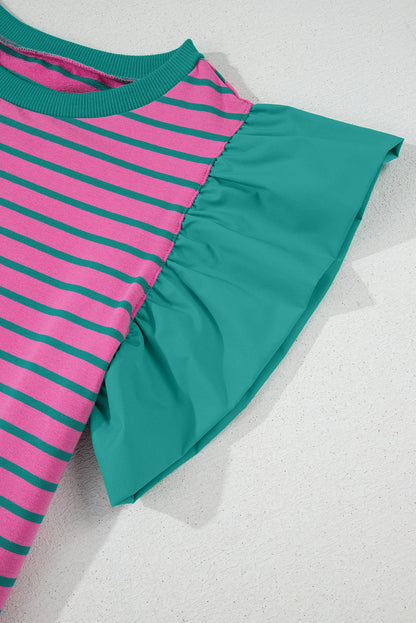 Chemisier à col rond et manches volantées à rayures roses