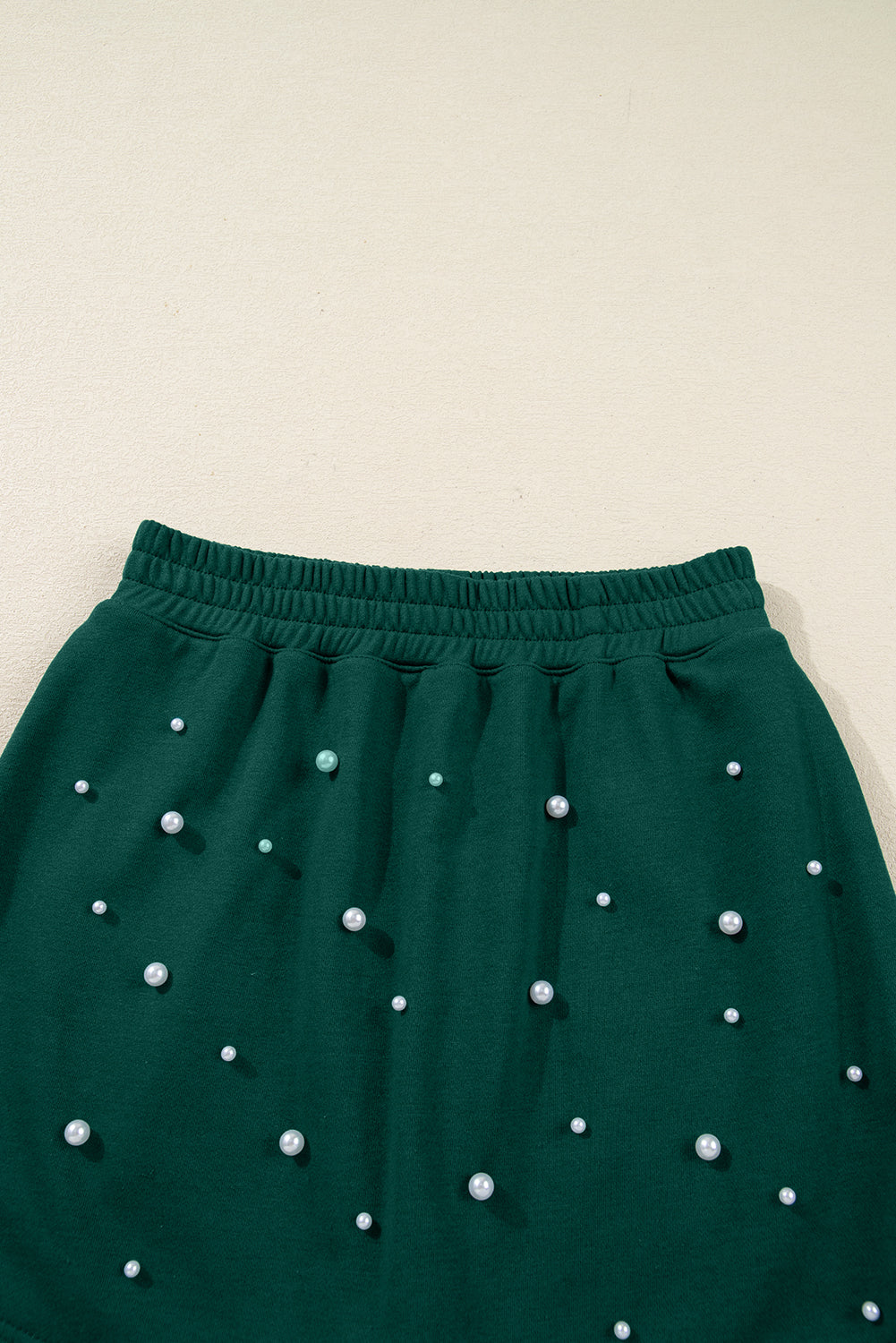 Dark Green Pearl Embellished Drop Shoulder Pullover Elastic Waist Mini Skirt Set