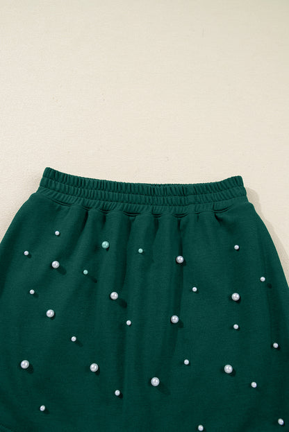 Dark Green Pearl Embellished Drop Shoulder Pullover Elastic Waist Mini Skirt Set
