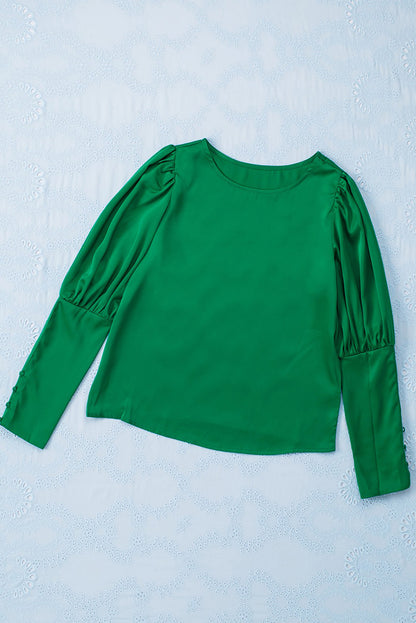 Satin Buttoned Cuffs Puff Sleeve Top